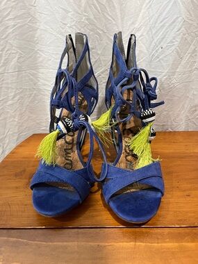 Sam Edelman Royal Blue Suede Lace-Up Heels with Neon Yellow Tassels